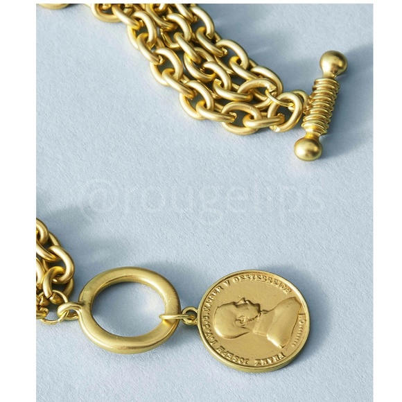 Coin Medallion Charm Rhinestone Gold Tone Chain Dangle Bracelet - Picture 4 of 6